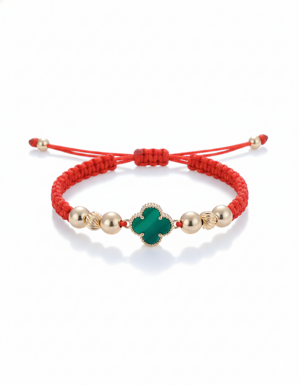 BRAZALETE TREBOL VERDE HILO ROJO LISO B6MM